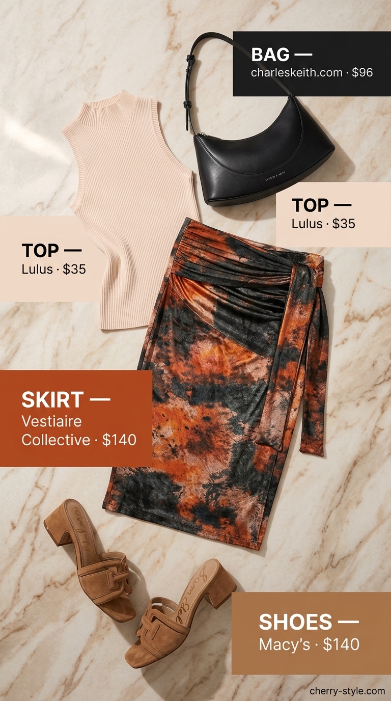 Rust abstract maxi skirt with mock neck top for summer skirt outfits for women 2026 gallery opening.