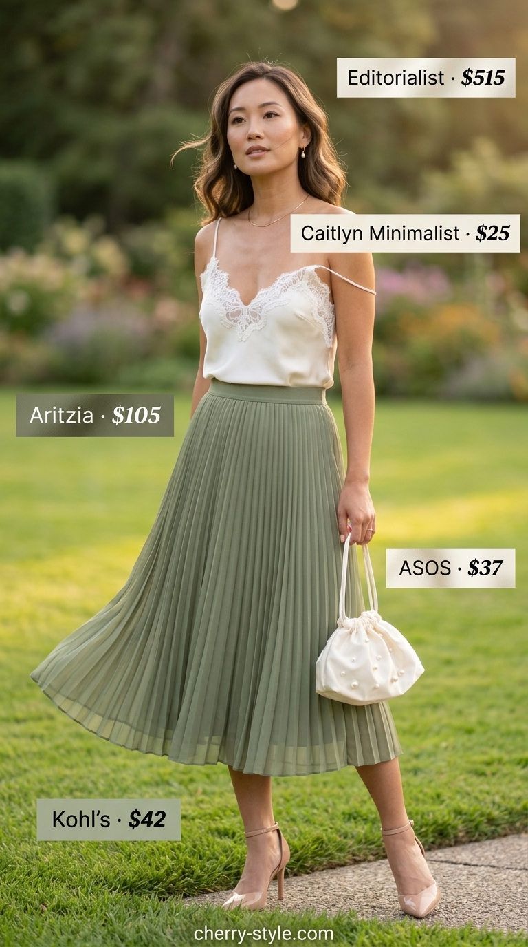 Graceful sage green summer skirt outfit 2026: Accordion pleated skirt, lace camisole, patent pumps, pearl clutch.