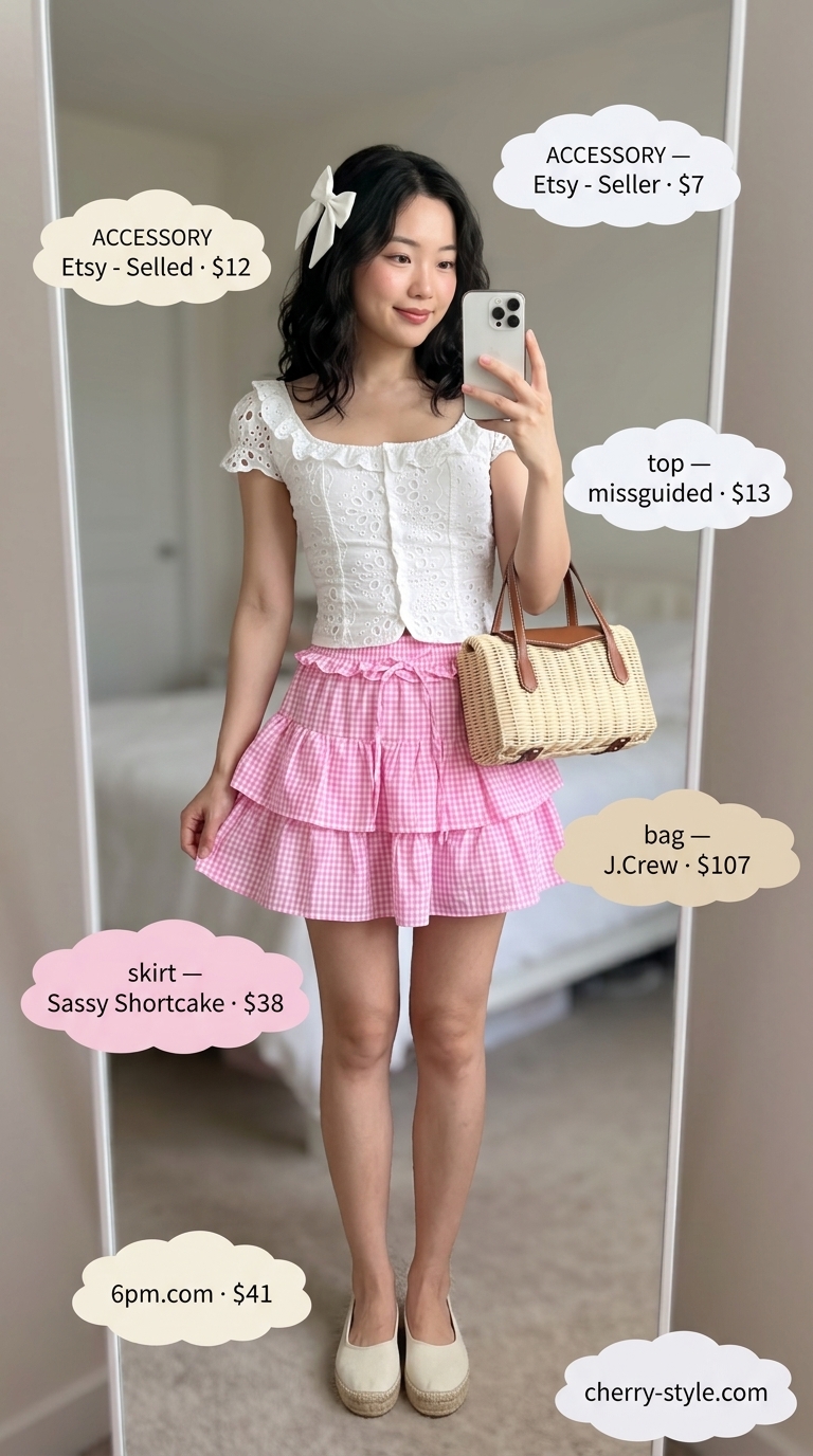 Playful pink gingham summer skirt outfit 2026: Smocked mini skirt, puff-sleeve blouse, espadrille flats, basket bag.