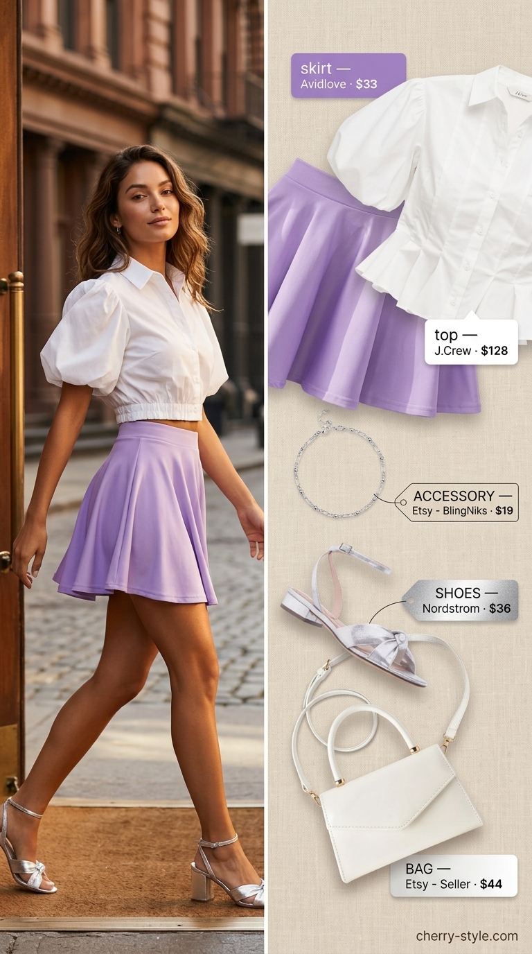 Romantic summer skirt outfit for women 2026: Lavender linen mini skirt, cream blouse, silver sandals, top-handle bag.