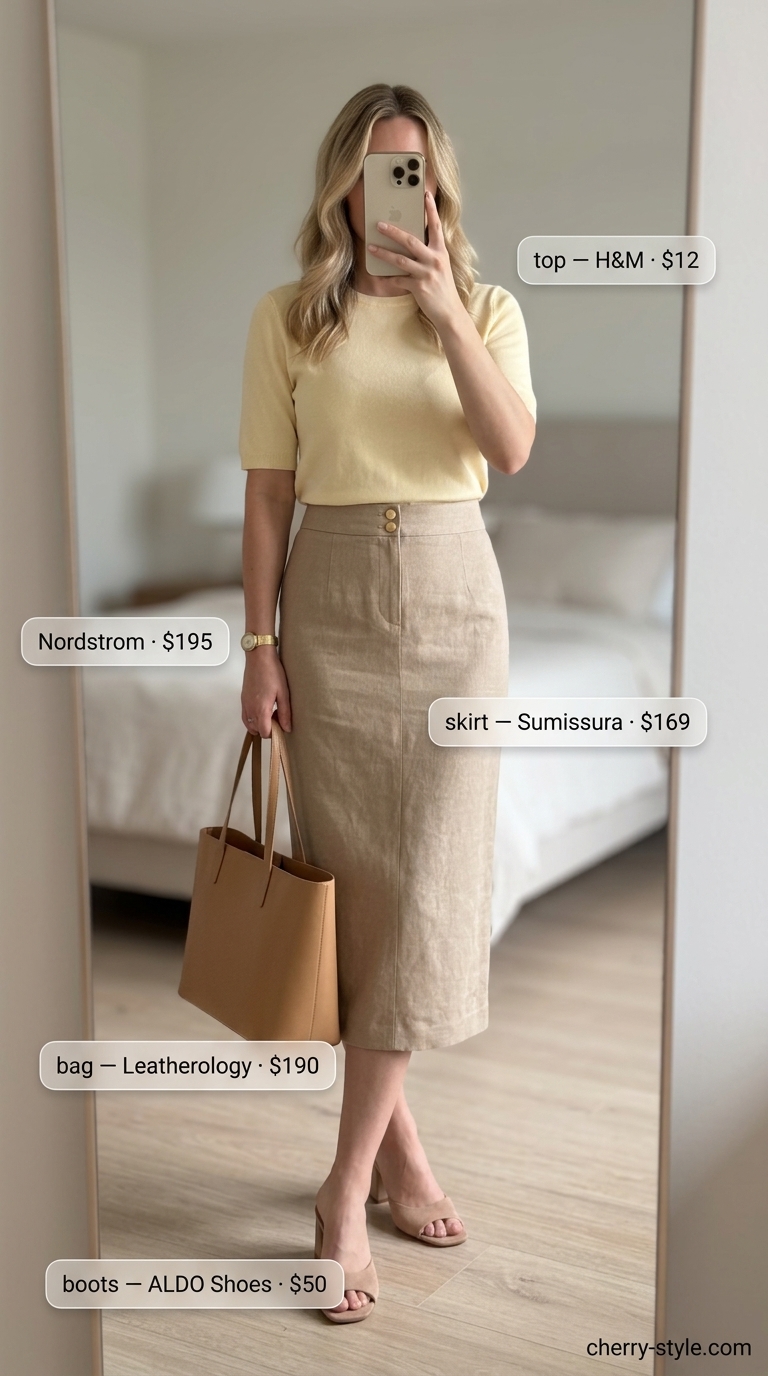 Beige pencil skirt with yellow knit top for summer skirt outfits for women 2026 office wear.