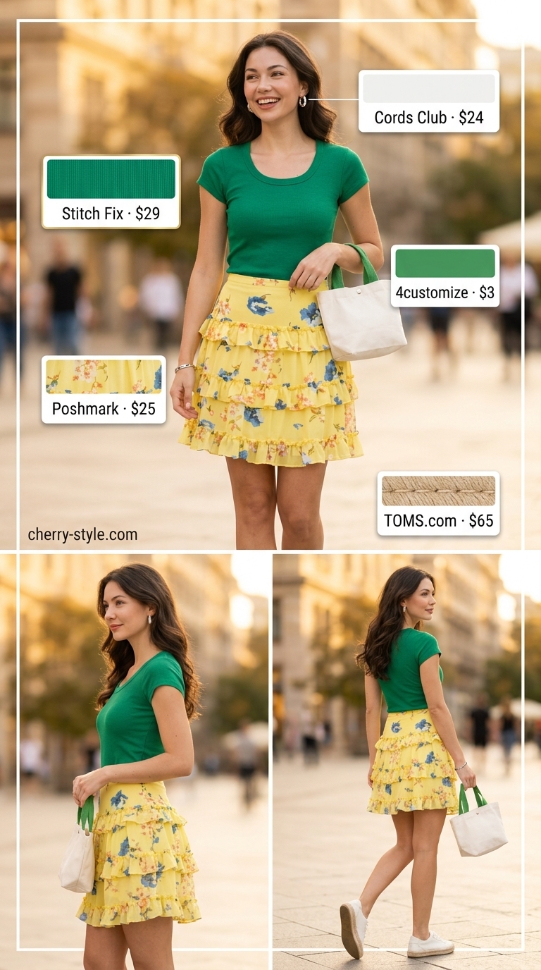 Playful summer skirt outfit for women 2026: Yellow floral mini skirt, emerald green knit top, canvas tote, espadrilles.