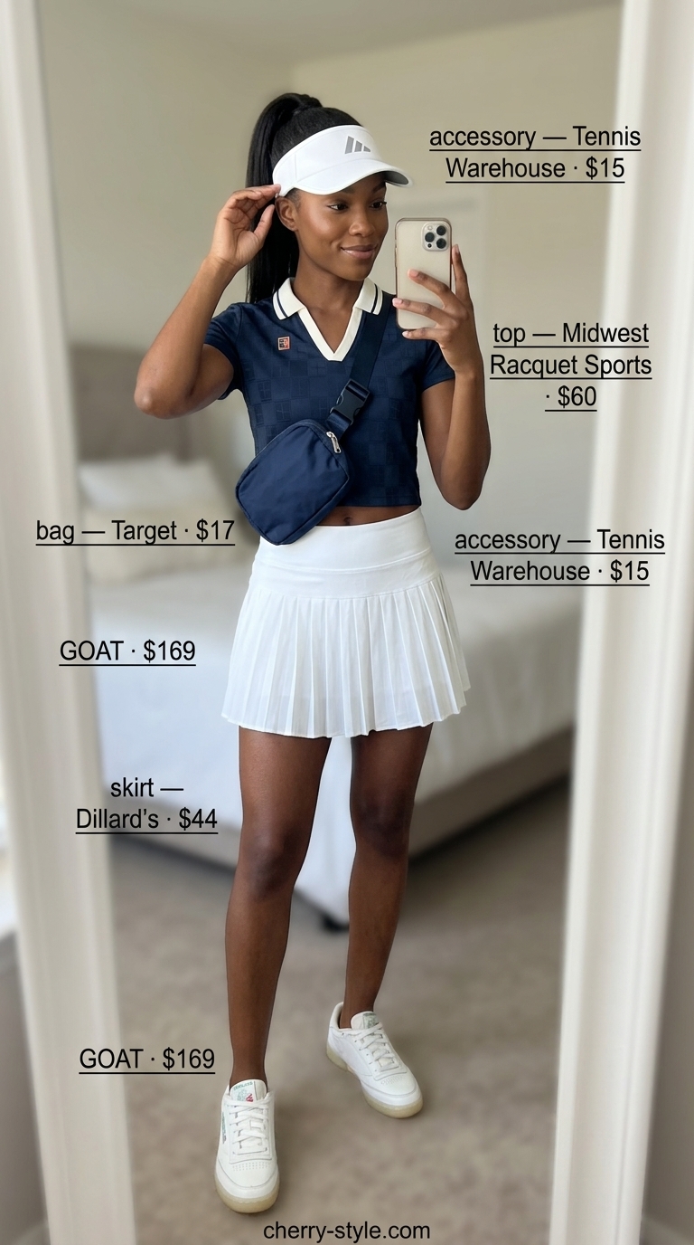 Sporty white tennis skirt outfit 2026: Pleated skirt, cropped polo, belt bag, retro sneakers, sport visor.