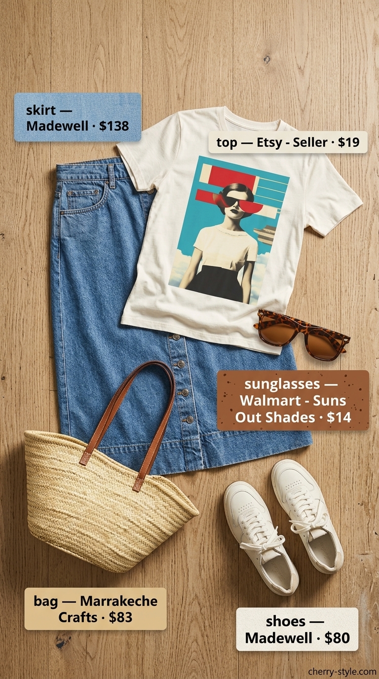 Casual summer skirt outfit for women 2026: Light blue denim midi skirt, graphic tee, straw bag, white sneakers.