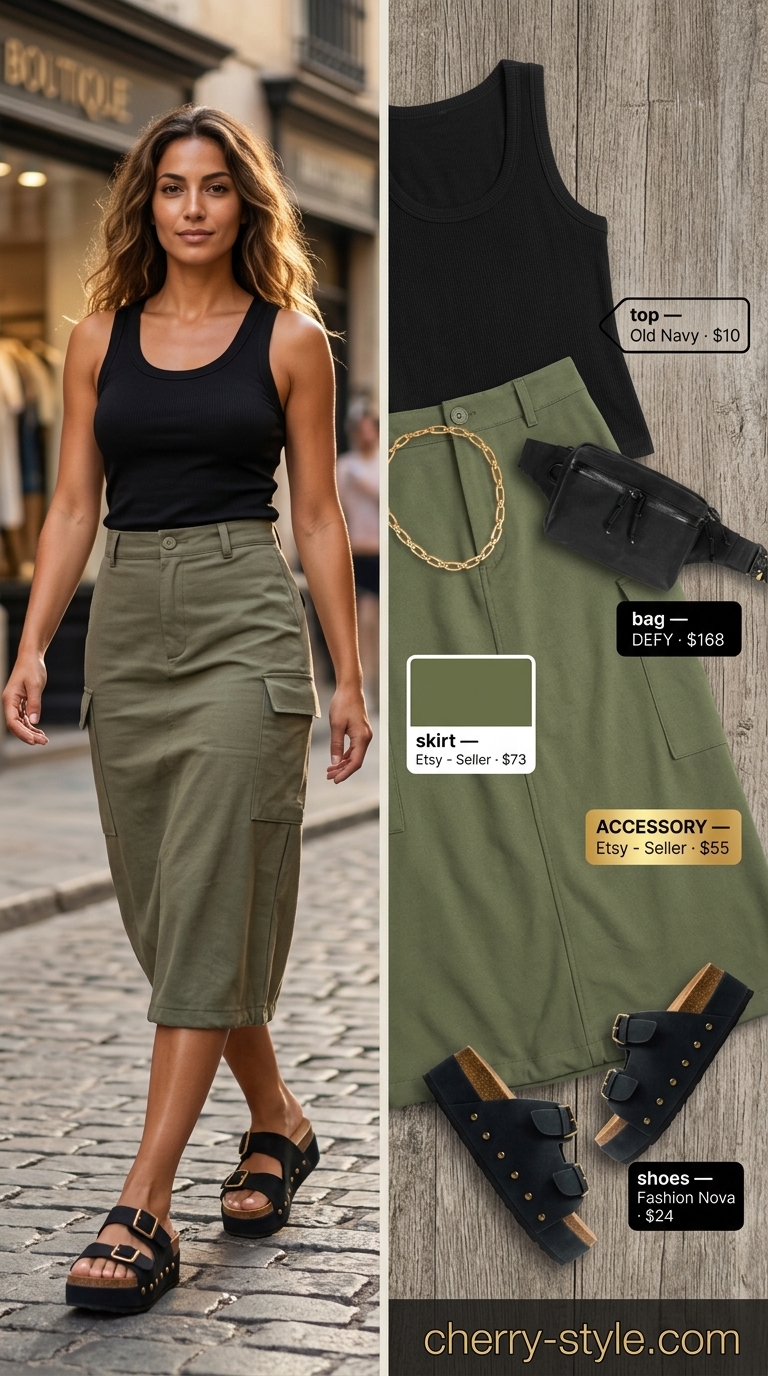 Edgy summer skirt outfit for women 2026: Olive cargo midi skirt, black tank top, chunky sandals, belt bag, gold necklace.