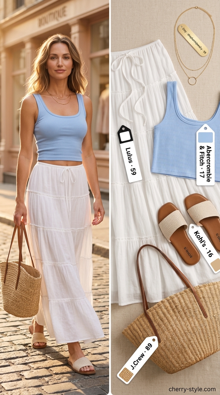 Relaxed summer skirt outfit for women 2026: White maxi skirt, sky blue tank, straw tote, slide sandals, layered necklace.