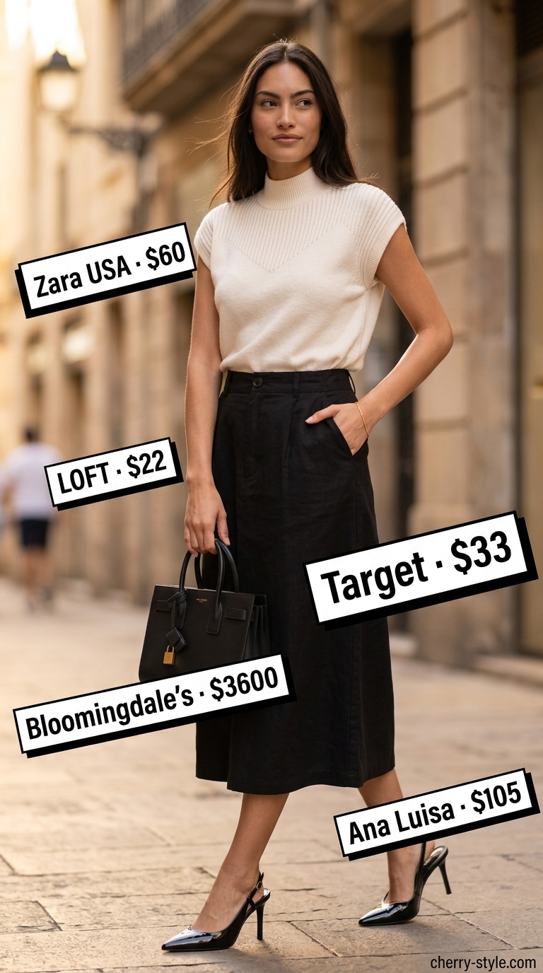 Sophisticated black summer skirt outfit 2026: Tailored pencil skirt, mock neck top, pointed heels, structured bag.
