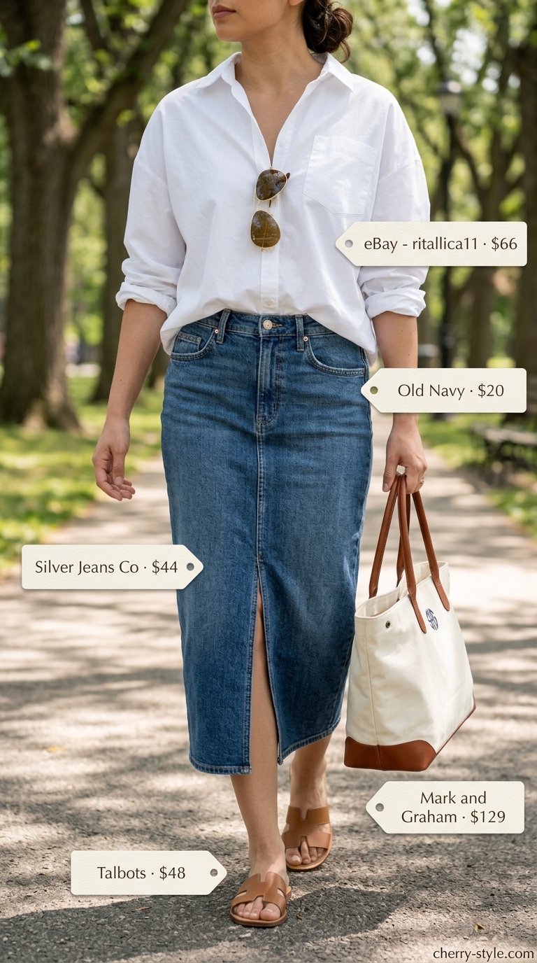 Classic denim summer skirt outfit 2026: A-line denim midi skirt, white button-down shirt, slide sandals, tote bag.