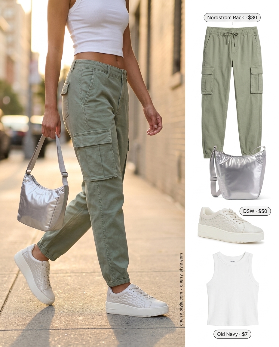 Summer Soft Mint Outfits for Women 2026: Mint cargo pants, white cropped tank, chunky sneakers for street style.