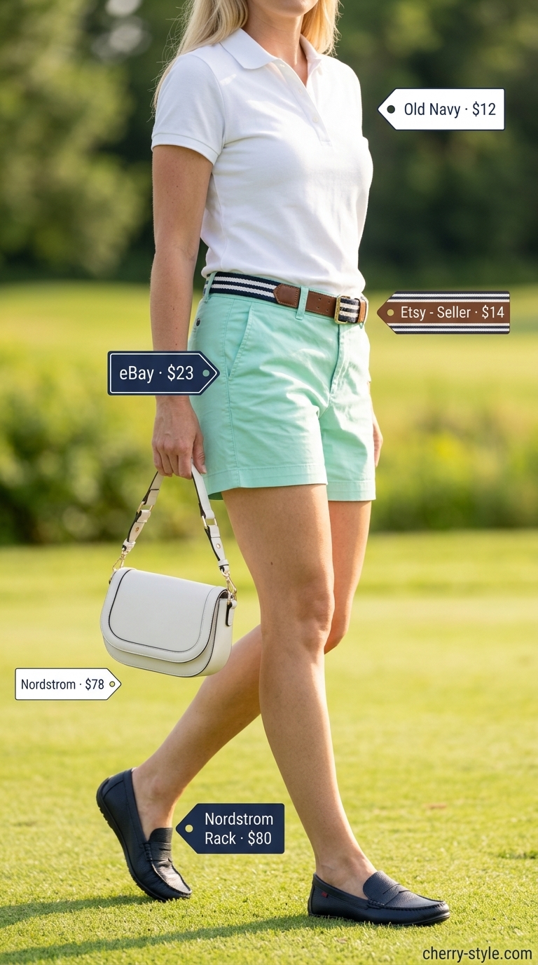 Summer Soft Mint Outfits for Women 2026: Mint chino shorts, white polo, navy belt for preppy style.