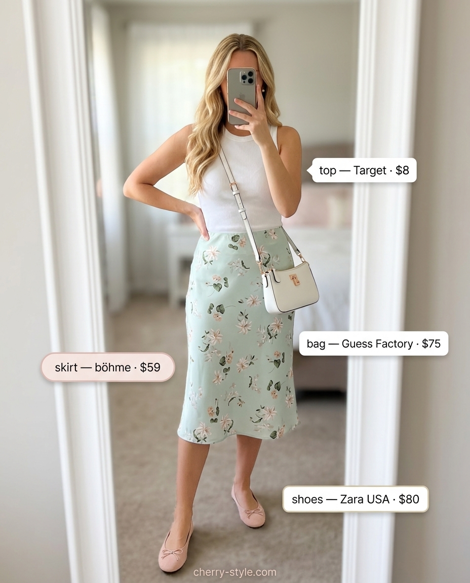 Summer Soft Mint Outfits for Women 2026: Mint floral midi skirt, white tank, blush flats for a feminine look.