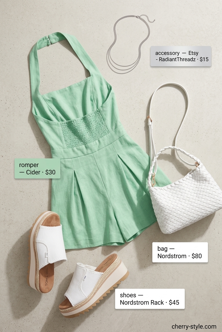 Summer Soft Mint Outfits for Women 2026: Mint halter romper, white crossbody bag, espadrille slides for a fun day out.