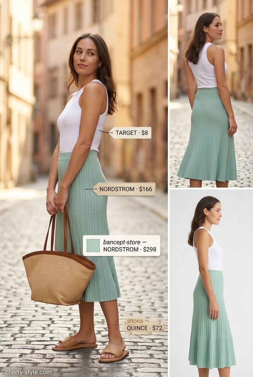 Summer Soft Mint Outfits for Women 2026: Mint knit midi skirt, white tank, raffia tote for comfortable chic.