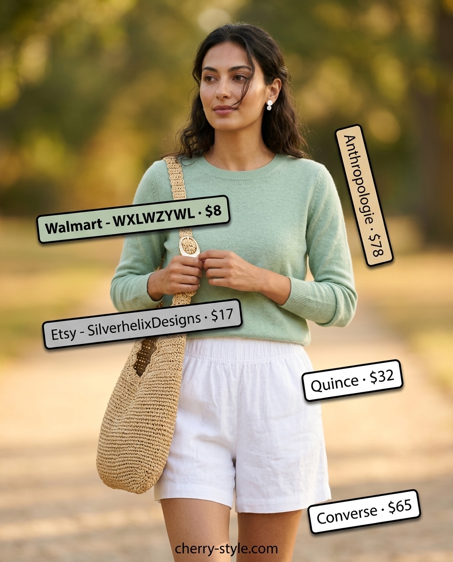 Summer Soft Mint Outfits for Women 2026: Mint knit sweater, white linen shorts, white sneakers for cozy style.