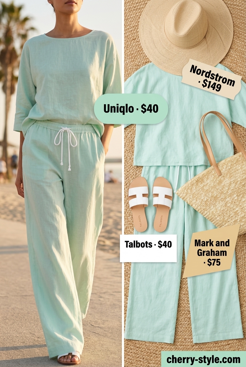 Summer Soft Mint Outfits for Women 2026: Mint linen set, straw hat, leather sandals for coastal chic.
