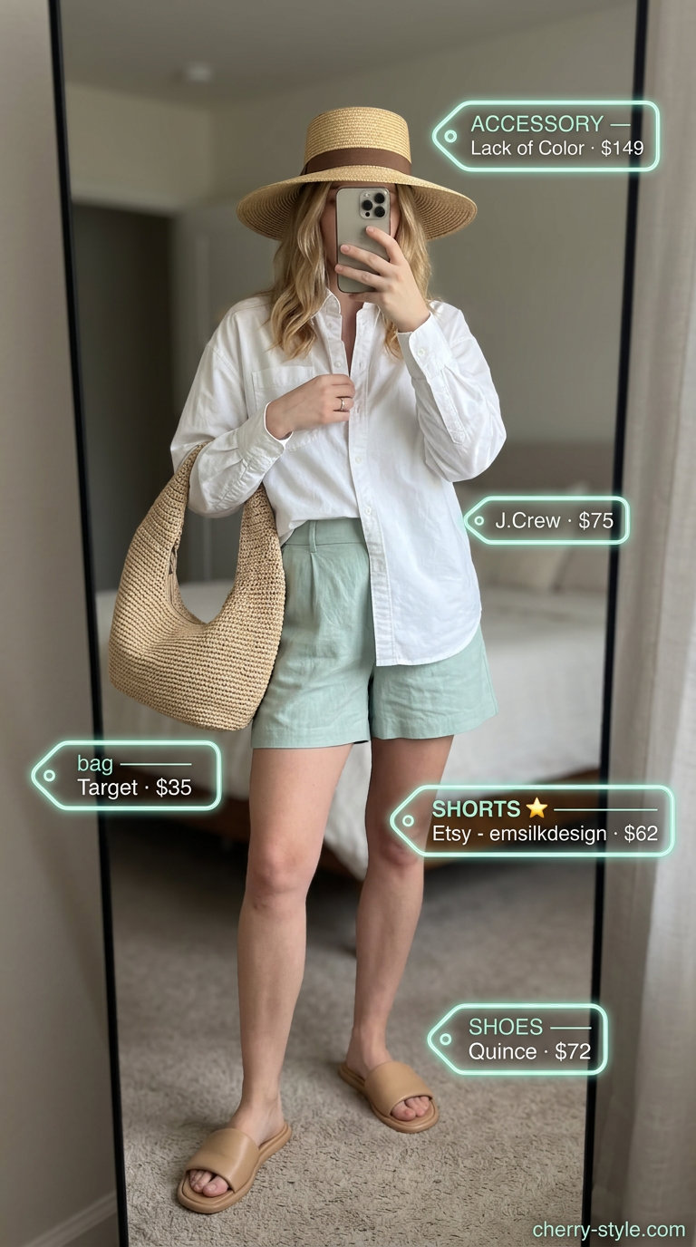 Summer Soft Mint Outfits for Women 2026: Mint linen shorts, white oversized shirt, straw hat for beachy casual.