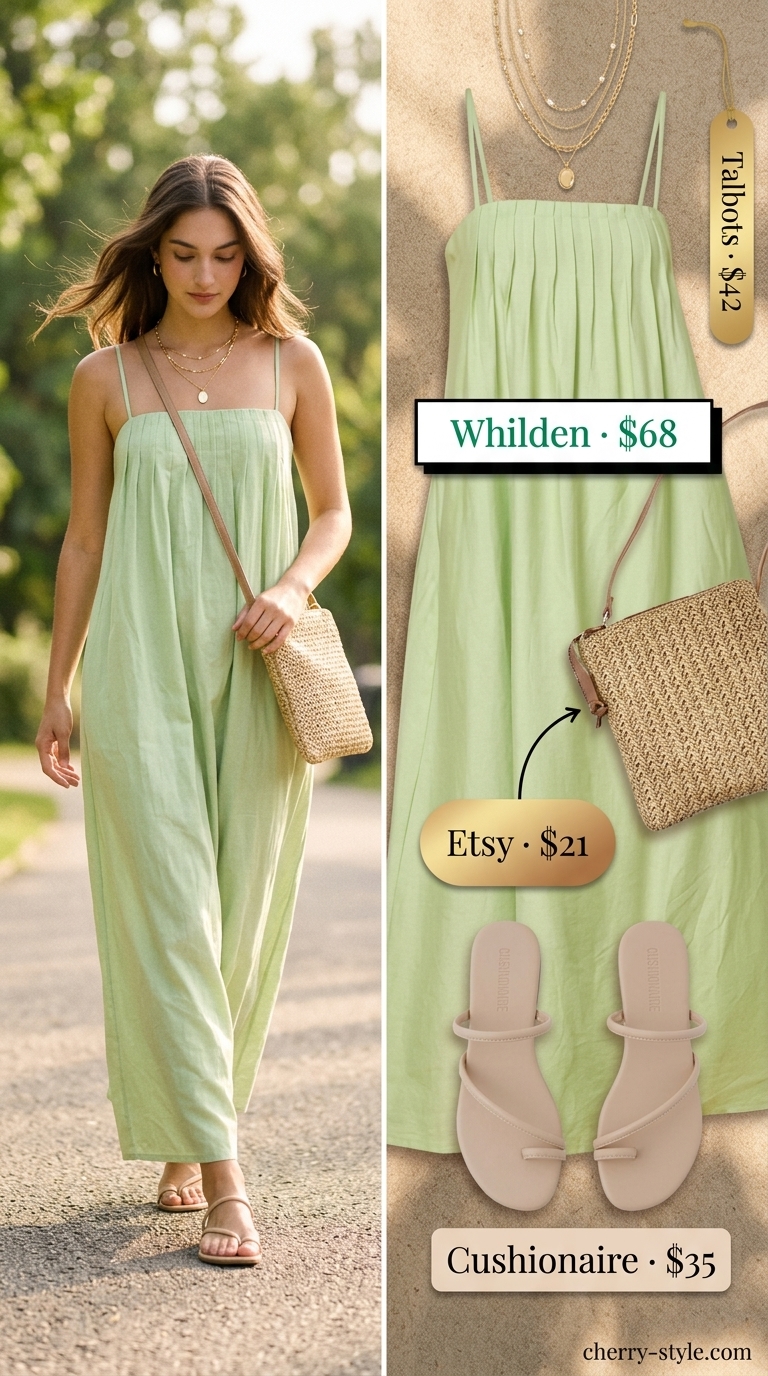 Summer Soft Mint Outfits for Women 2026: Mint maxi dress, nude sandals, straw bag for a relaxed vibe.