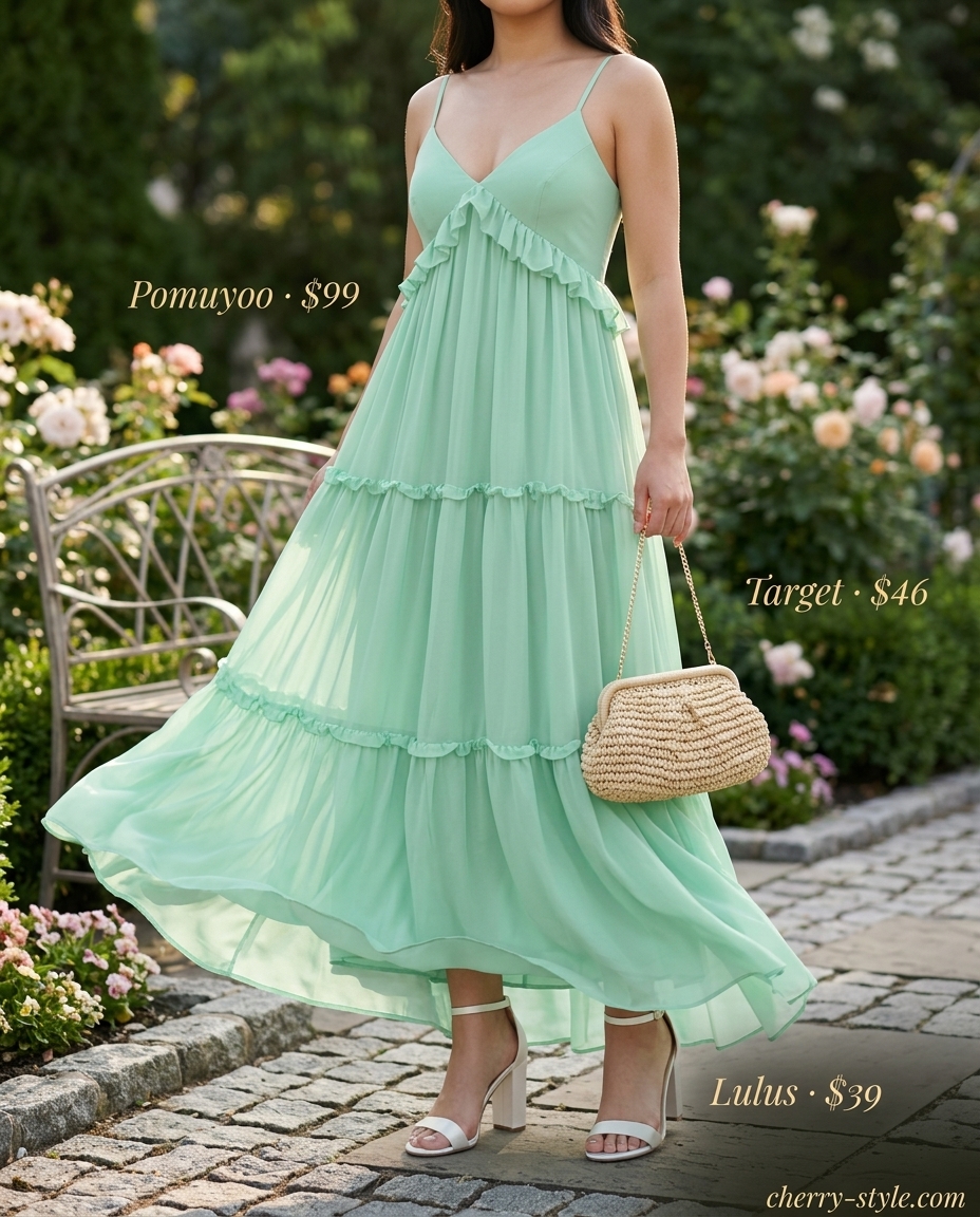 Summer Soft Mint Outfits for Women 2026: Flowy mint maxi dress, ivory sandals, straw clutch for a garden party.