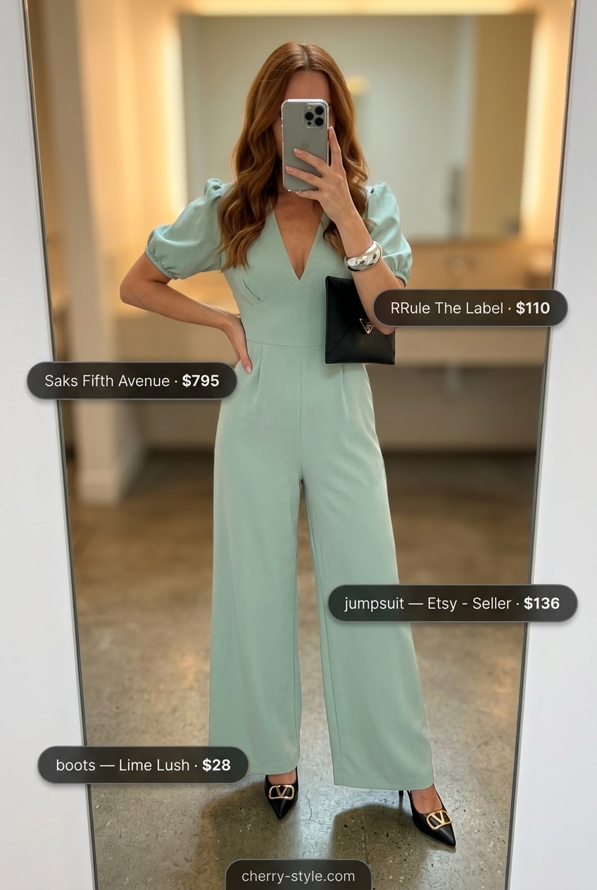 Summer Soft Mint Outfits for Women 2026: Mint wide-leg jumpsuit, black heels, silver cuff for a sophisticated evening.