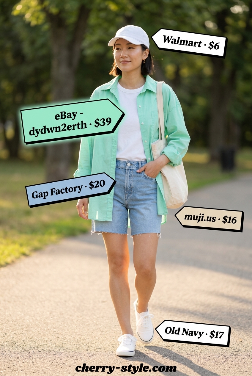 Summer Soft Mint Outfits for Women 2026: Mint oversized shirt, denim shorts, white sneakers for casual style.