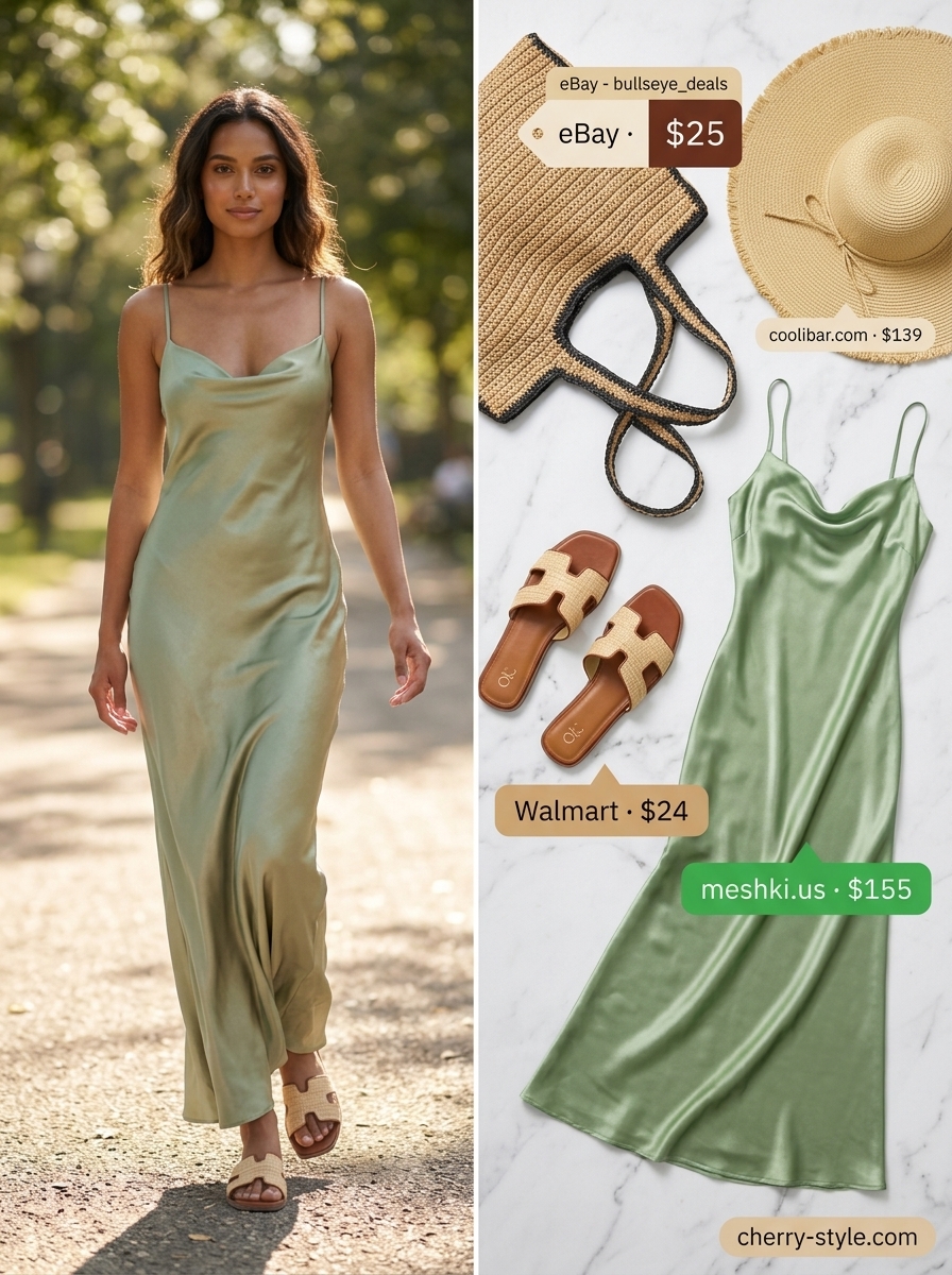 Summer Soft Mint Outfits for Women 2026: Mint slip dress, straw hat, woven slides for serene resort wear.