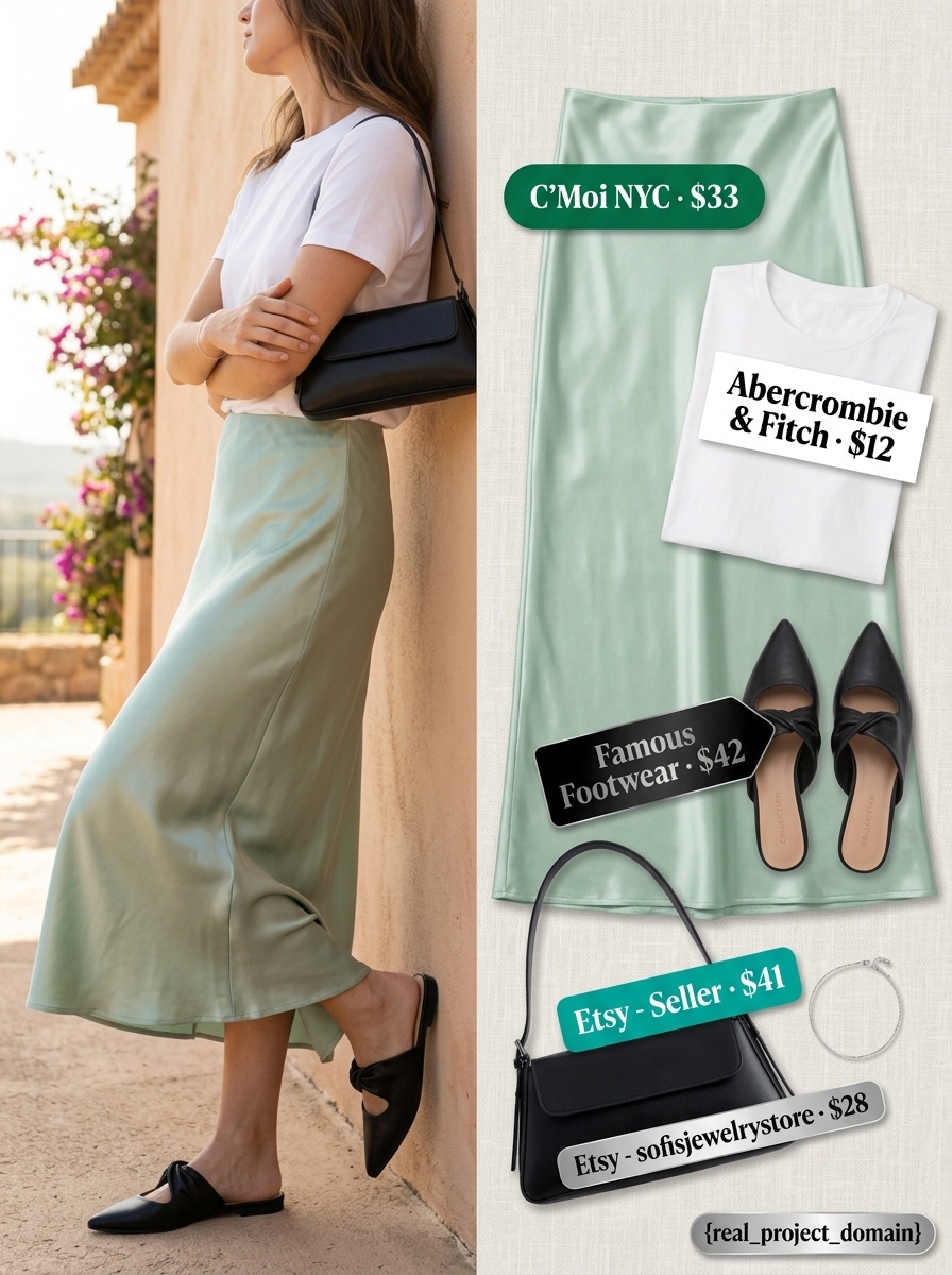 Summer Soft Mint Outfits for Women 2026: Mint slip skirt, white tee, black mules for chic evening style.