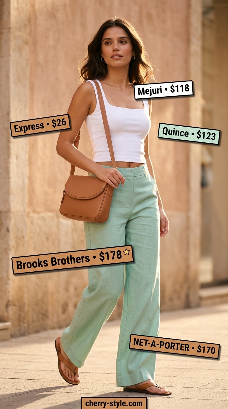 Summer Soft Mint Outfits for Women 2026: Mint wide-leg pants, white tank, tan sandals for daytime events.