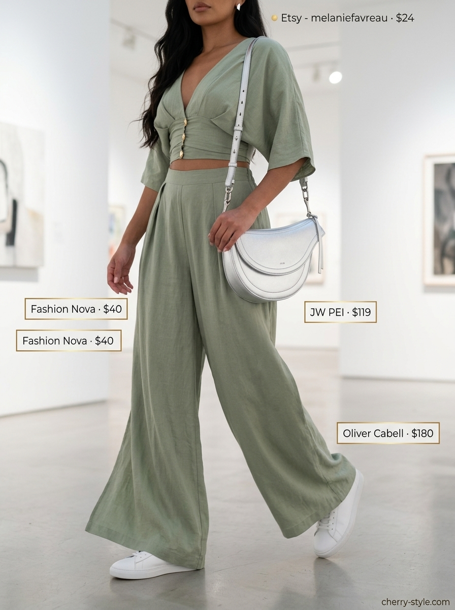 Summer Soft Mint Outfits for Women 2026: Mint wide-leg set, white sneakers, silver crossbody for modern chic.