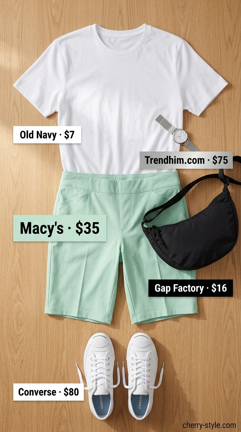 Summer Soft Mint Outfits for Women 2026: Mint green Bermuda shorts, white tee, white sneakers for casual errands.