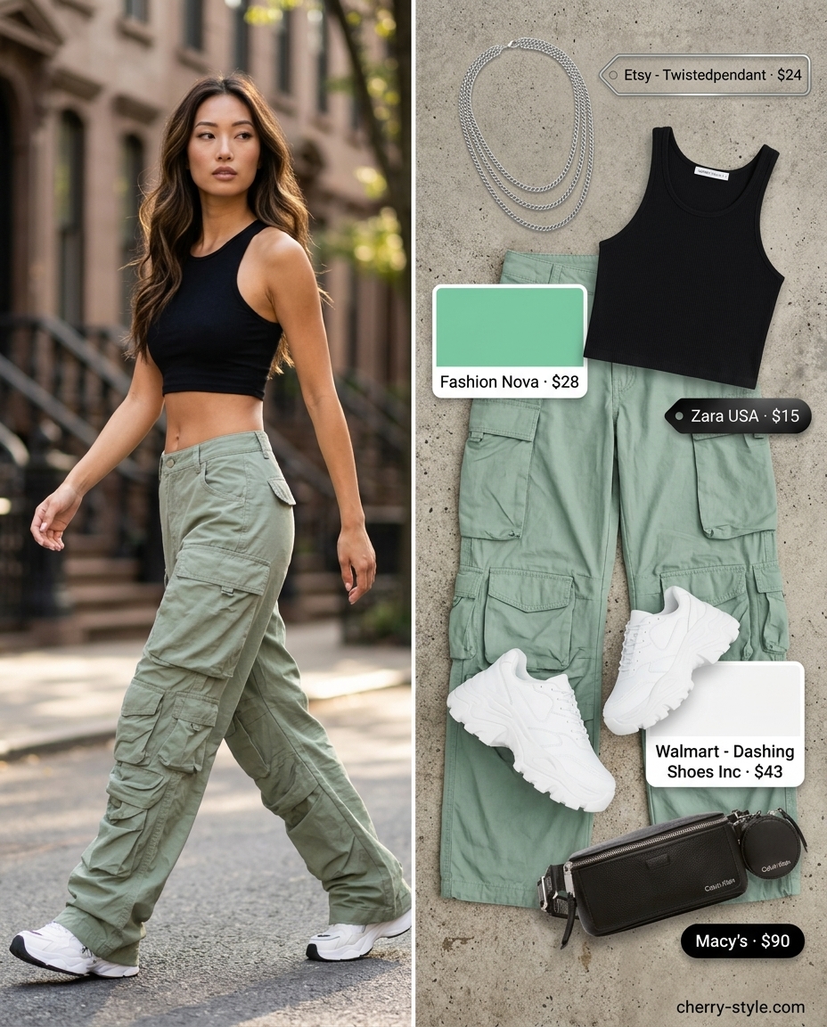 Summer Soft Mint Outfits for Women 2026: Mint cargo pants, black crop top, silver chain, chunky sneakers for urban style.
