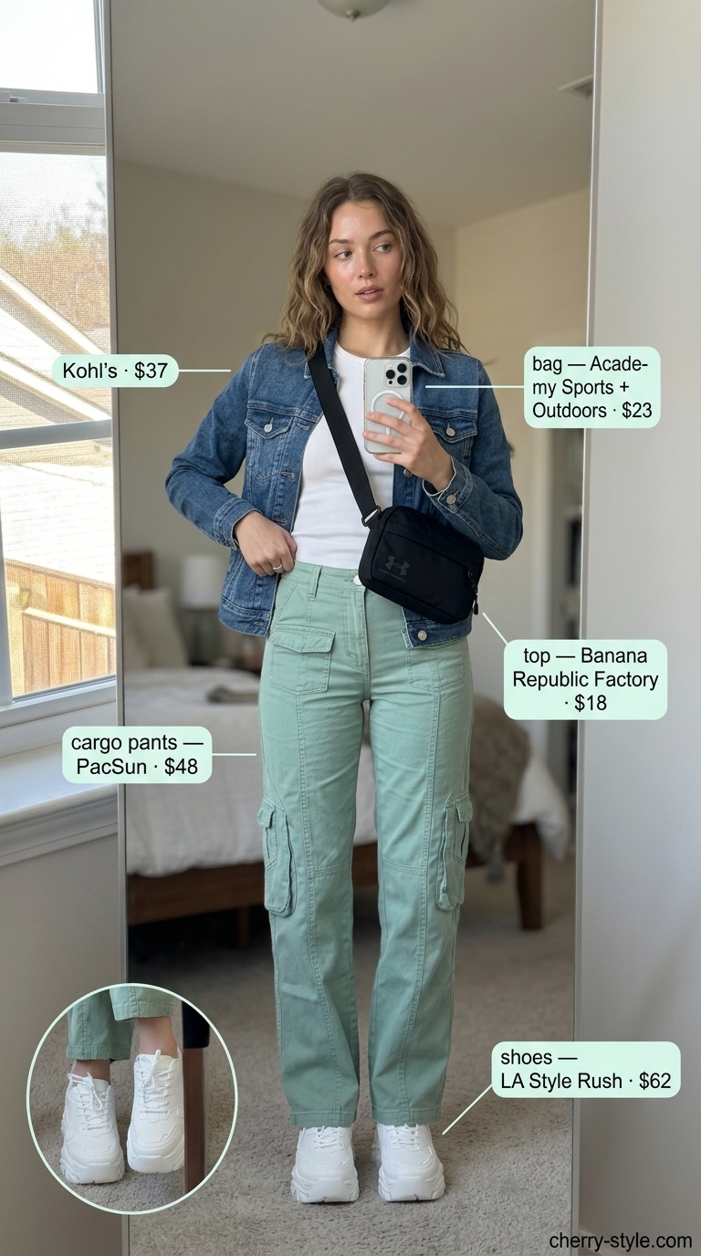 Summer Soft Mint Outfits for Women 2026: Mint cargo pants, white tank, denim jacket, chunky sneakers for utility chic.