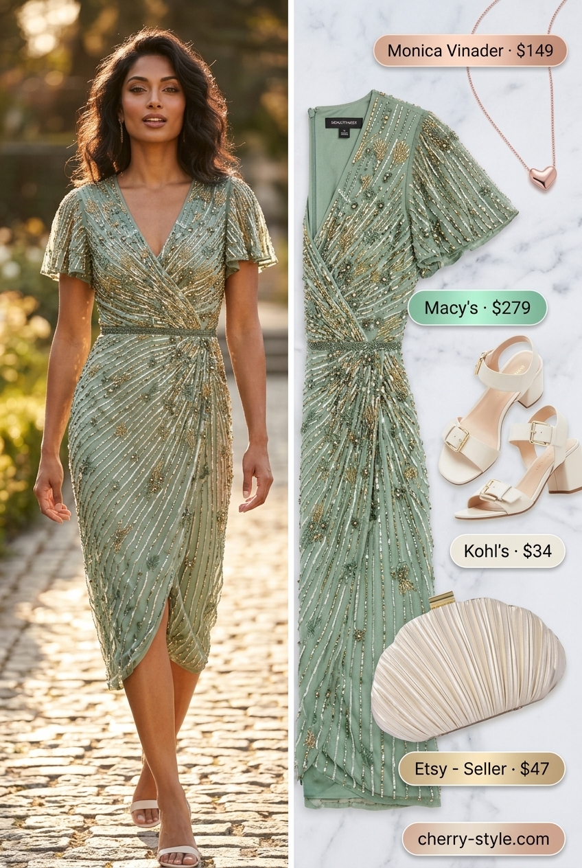 Summer Soft Mint Outfits for Women 2026: Mint green embroidered dress, block heels, rose gold jewelry for garden parties.
