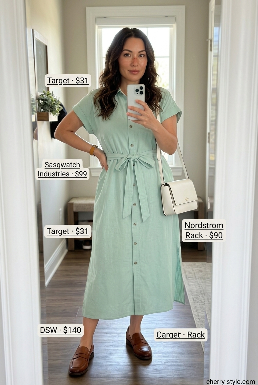 Summer Soft Mint Outfits for Women 2026: Mint green shirt dress, tan loafers, white crossbody bag for a chic day look.