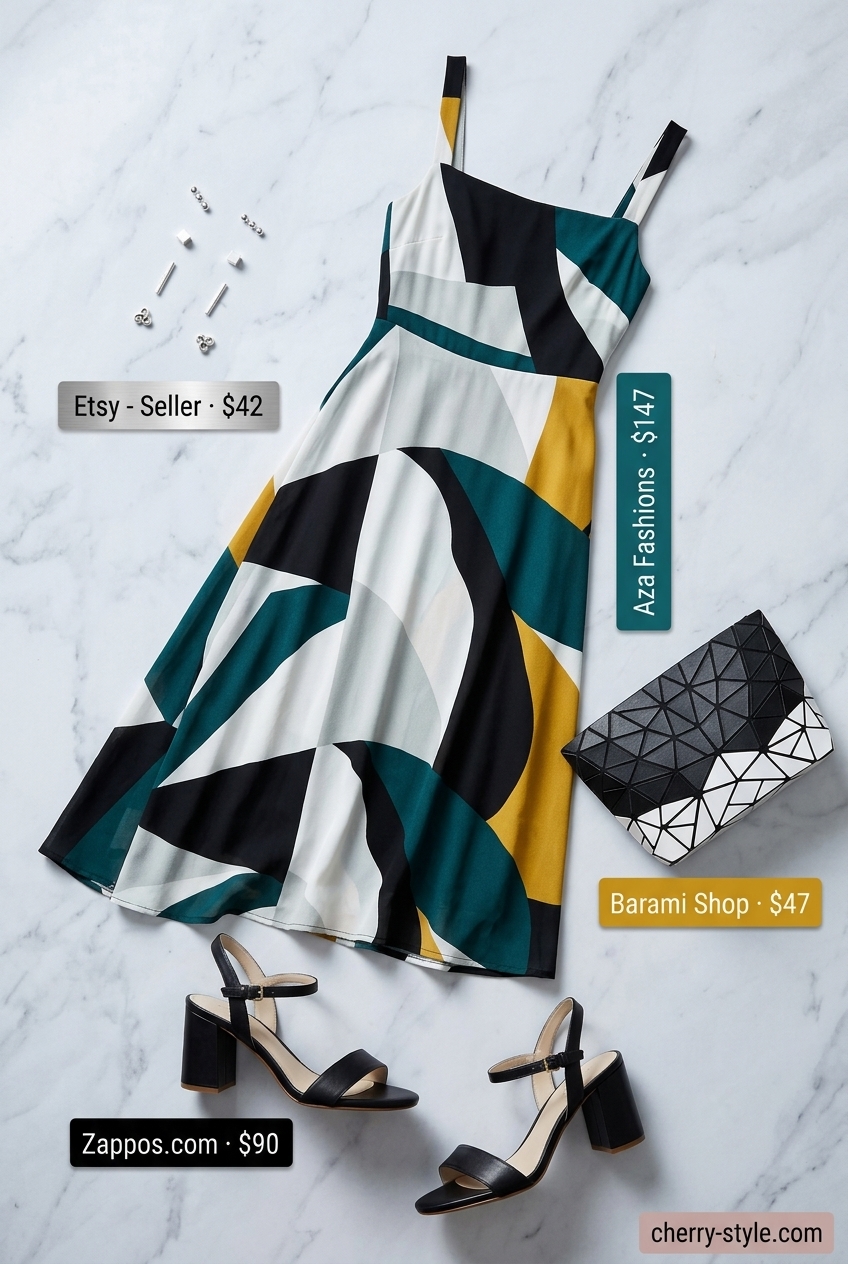 Summer Square Neck outfits for women 2026: Abstract print square neck midi dress for art gallery openings.