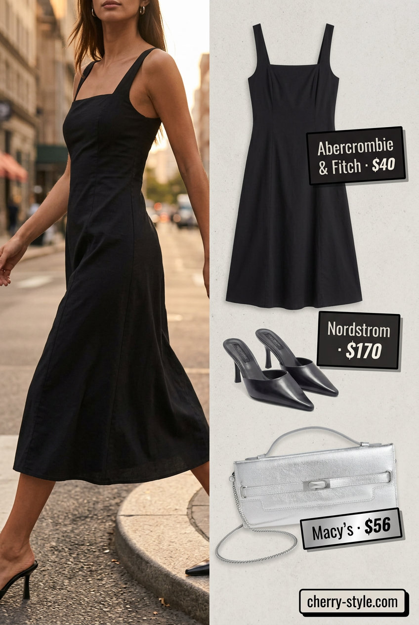 Summer Square Neck outfits for women 2026: Black square neck midi dress with silver accessories for city exploration.