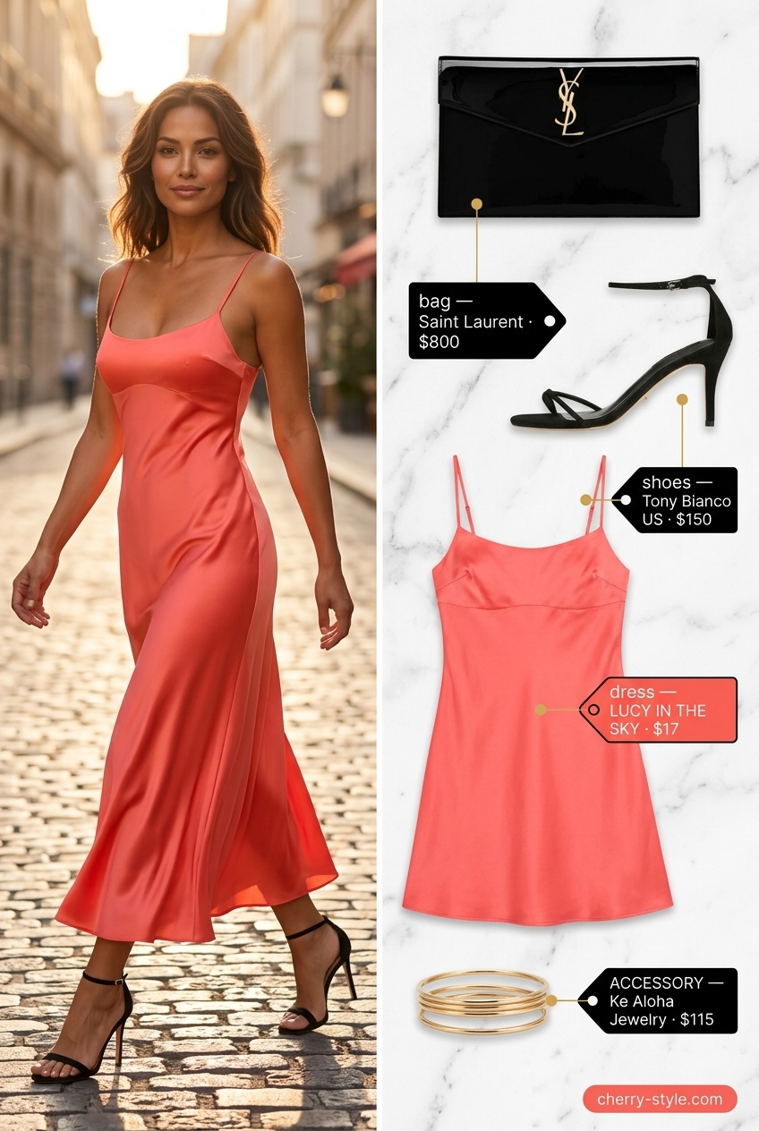 Summer Square Neck outfits for women 2026: Coral satin square neck slip dress for evening events.