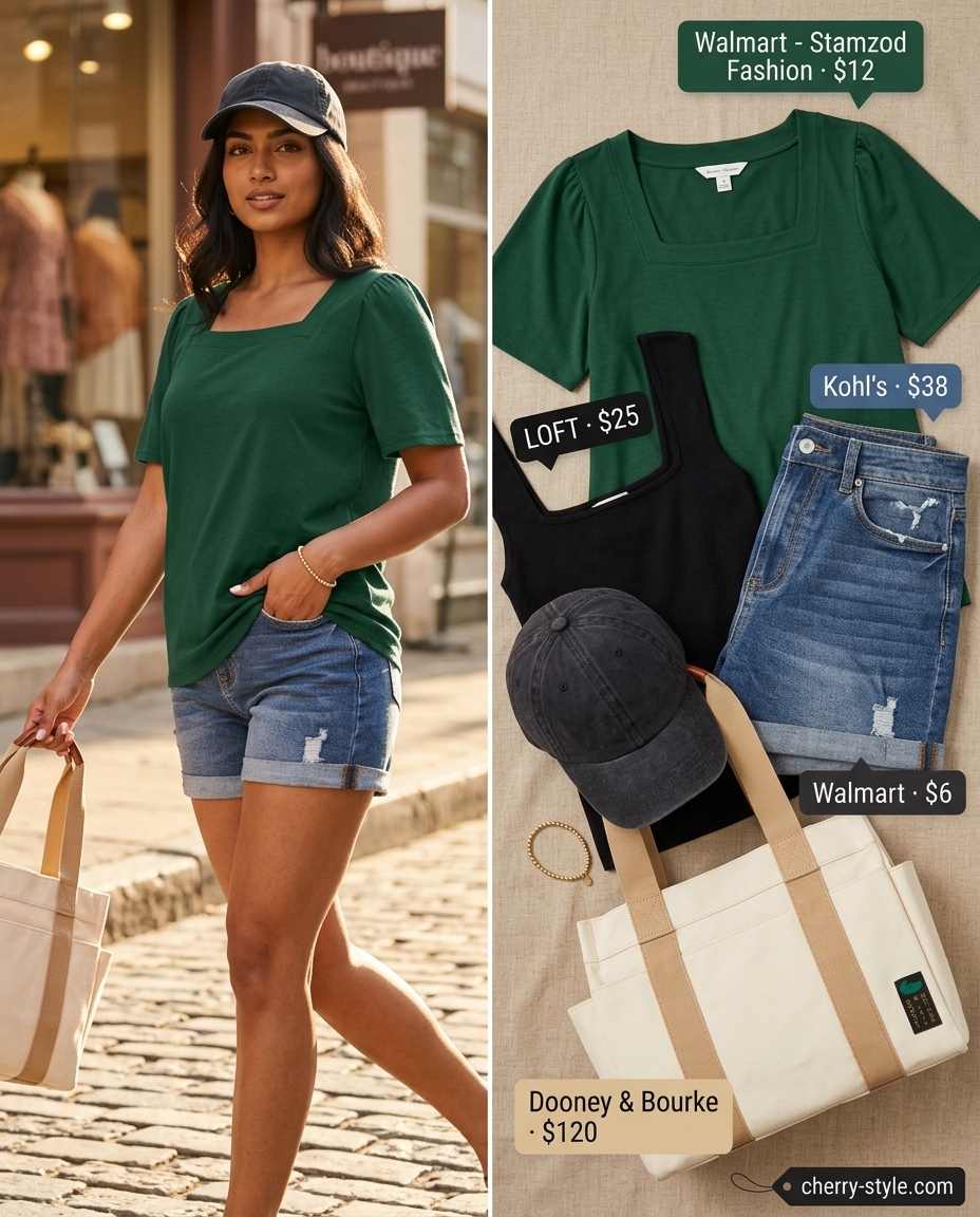 Summer Square Neck outfits for women 2026: Olive green square neck tee with denim shorts for casual weekend errands.