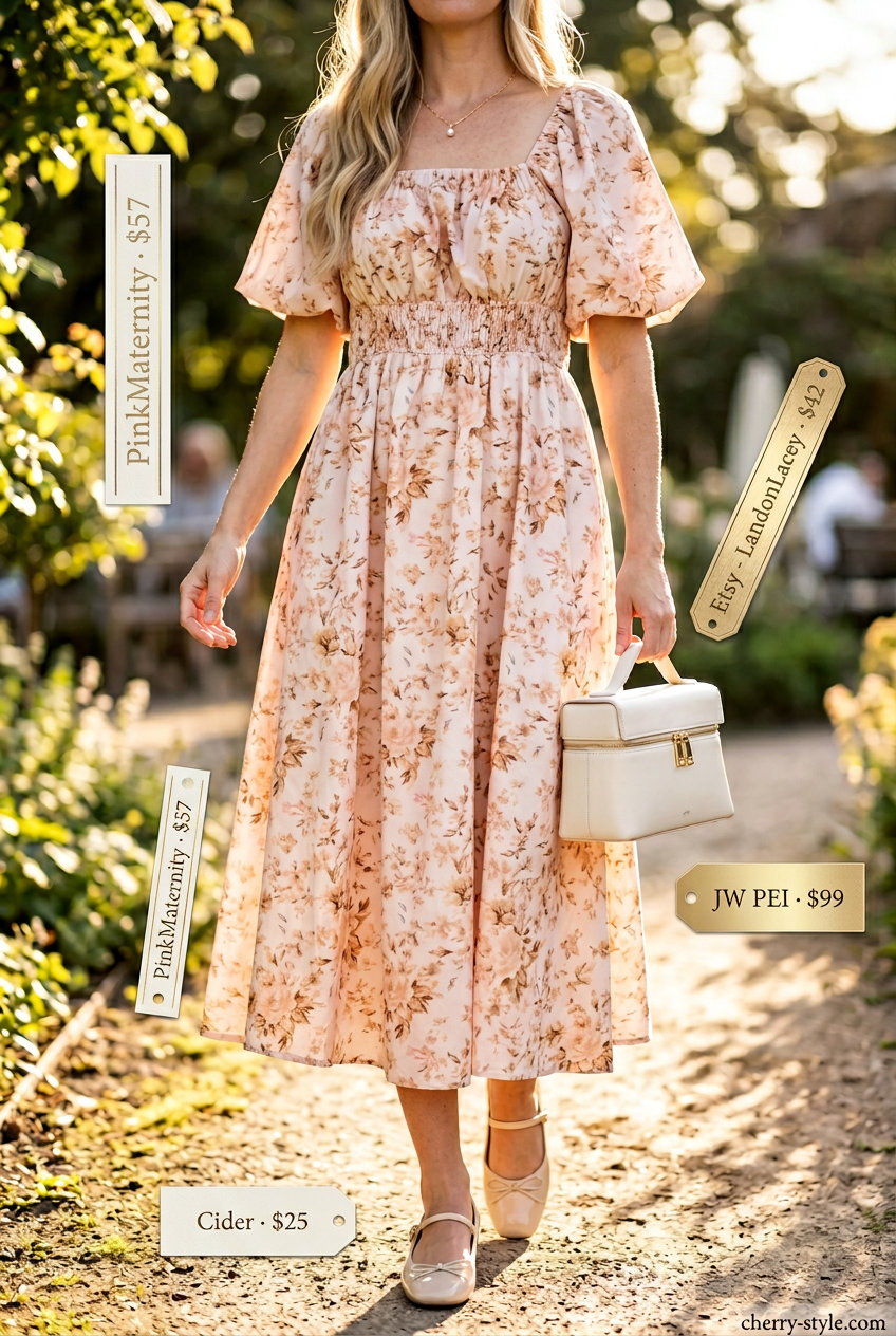 Summer Square Neck outfits for women 2026: Blush pink floral square neck midi dress for a garden party.