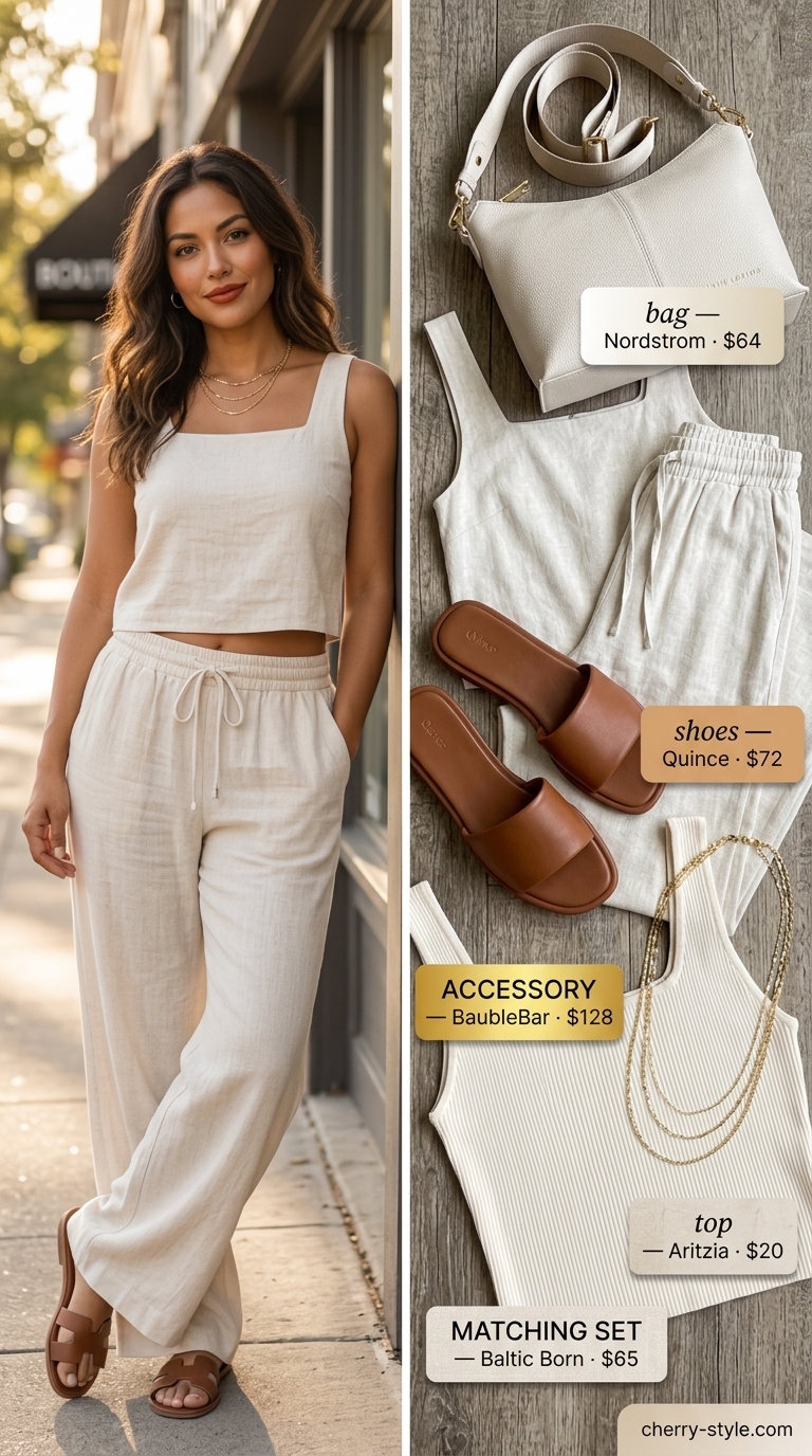 Summer Square Neck outfits for women 2026: Linen set in natural linen & warm white for casual day out or beach vacation.