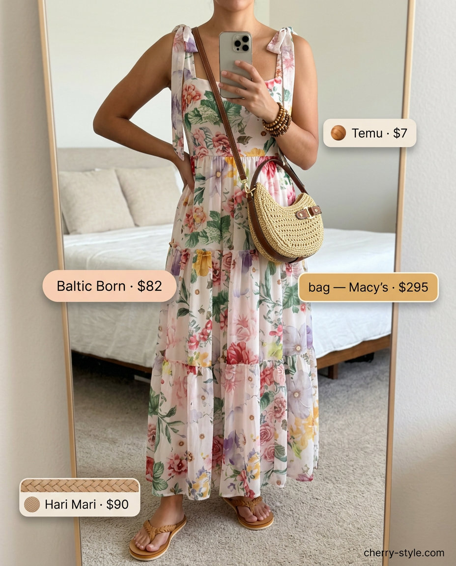 Boho floral square neck maxi dress with straw bag & leather sandals for beach summer Square Neck outfits for women 2026.