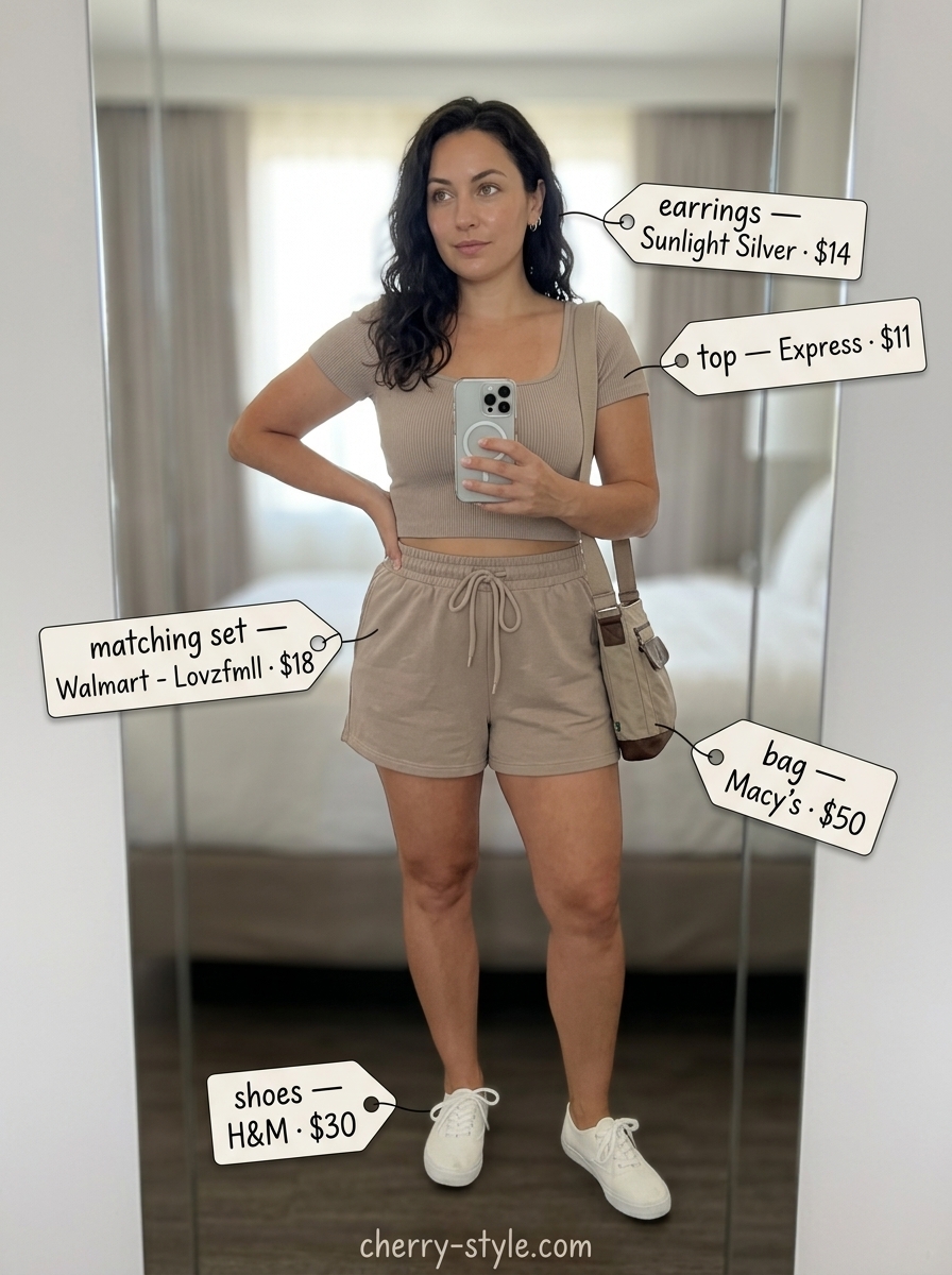 Cream square neck crop top & khaki cargo shorts set for comfortable summer Square Neck outfits for women 2026.