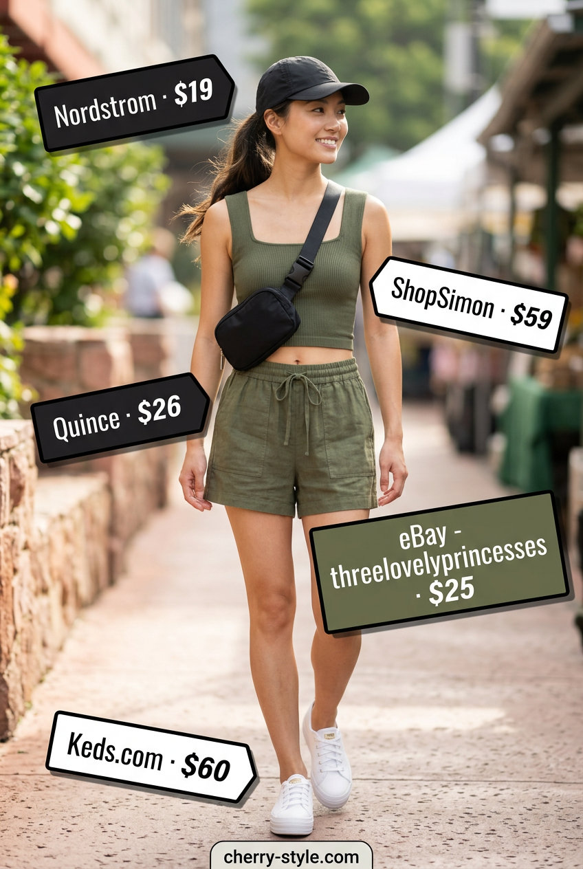 Casual cool cargo set in olive green with square neck crop top and shorts. Trendy for summer 2026.