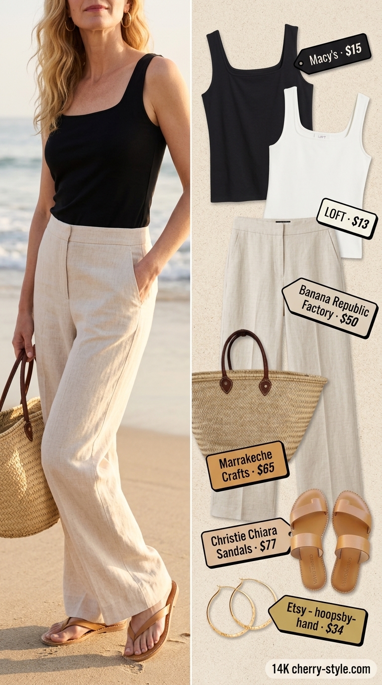 Coastal breeze outfit with white square neck top, beige linen pants, and straw tote bag. Effortless summer style.