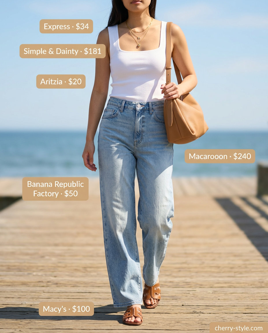 Coastal breeze outfit with white square neck top, light wash jeans, and tan sandals. Effortless summer style.