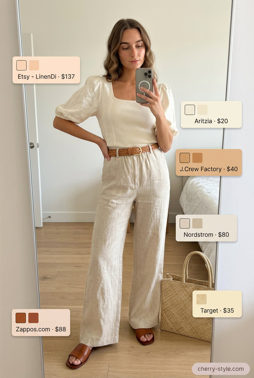 Cream square neck linen blouse with beige linen pants for effortless summer Square Neck outfits for women 2026.