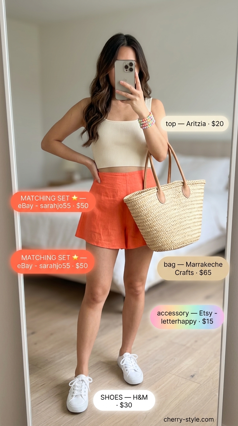 Picnic perfect linen set in soft coral with square neck crop top and shorts. Breezy summer style.