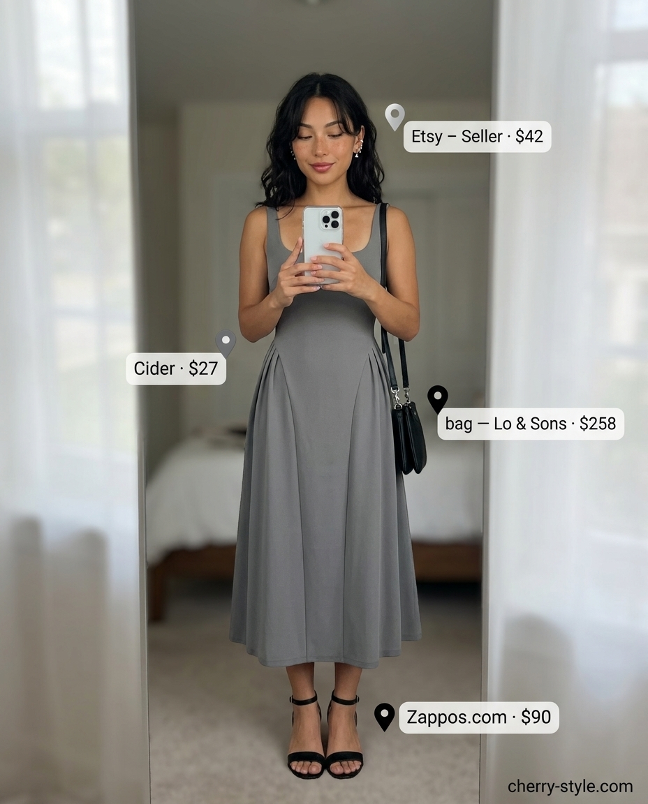Stone grey square neck midi dress with black block heels for modern summer Square Neck outfits for women 2026.