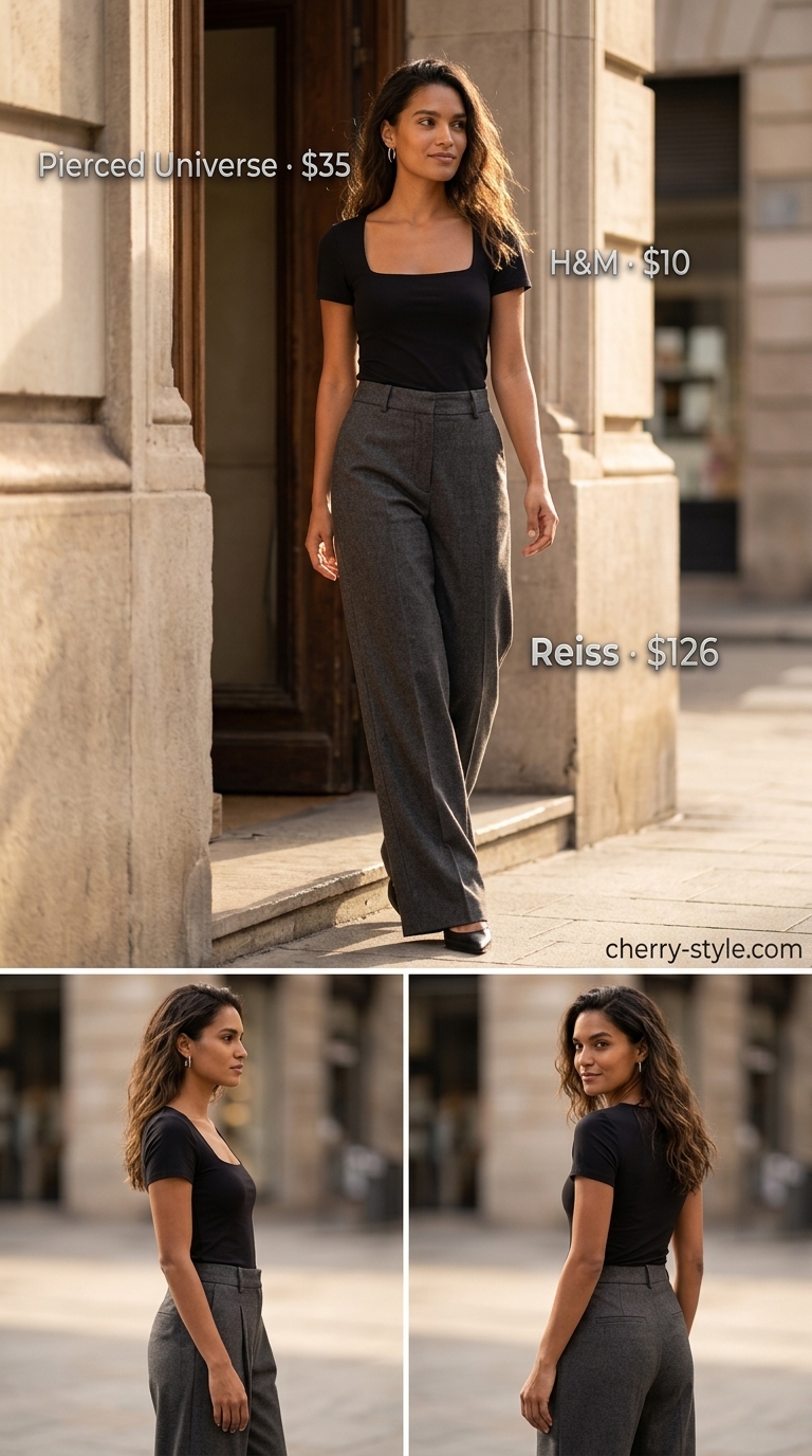 Modern minimalist outfit with charcoal grey trousers and black square neck knit top. Chic for smart casual.