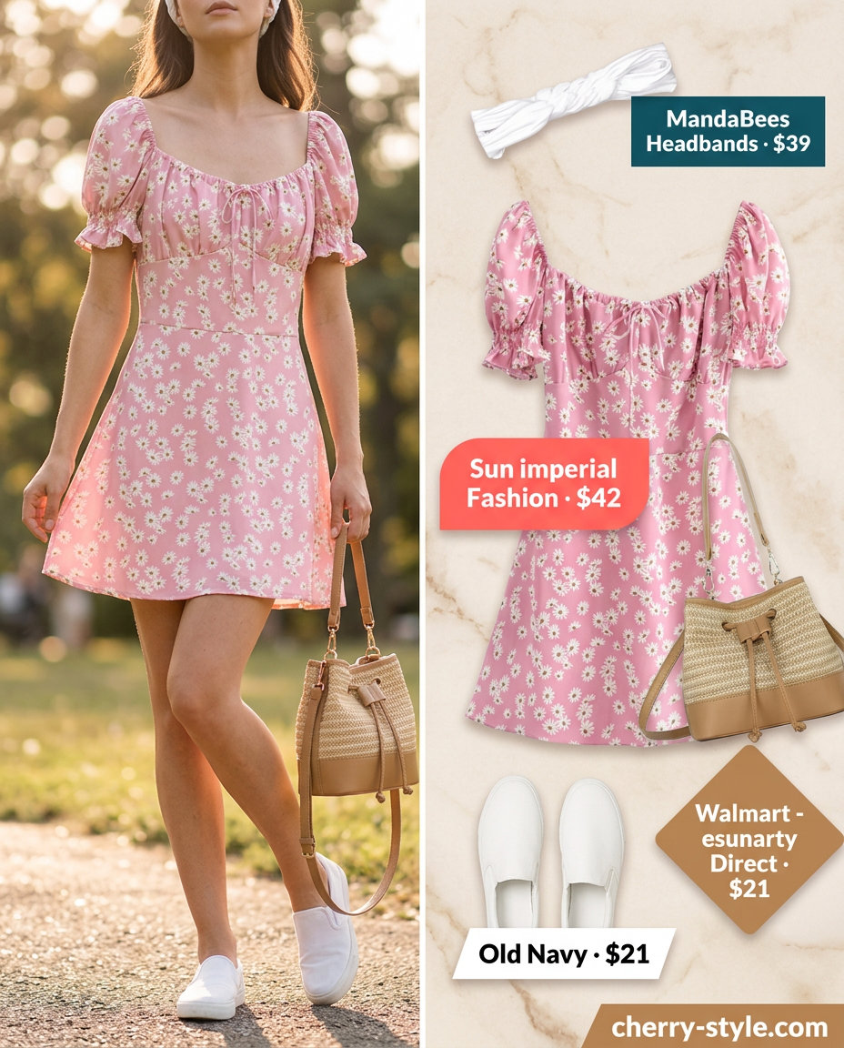 Playful picnic perfect outfit with pastel pink floral square neck mini dress and white canvas sneakers.