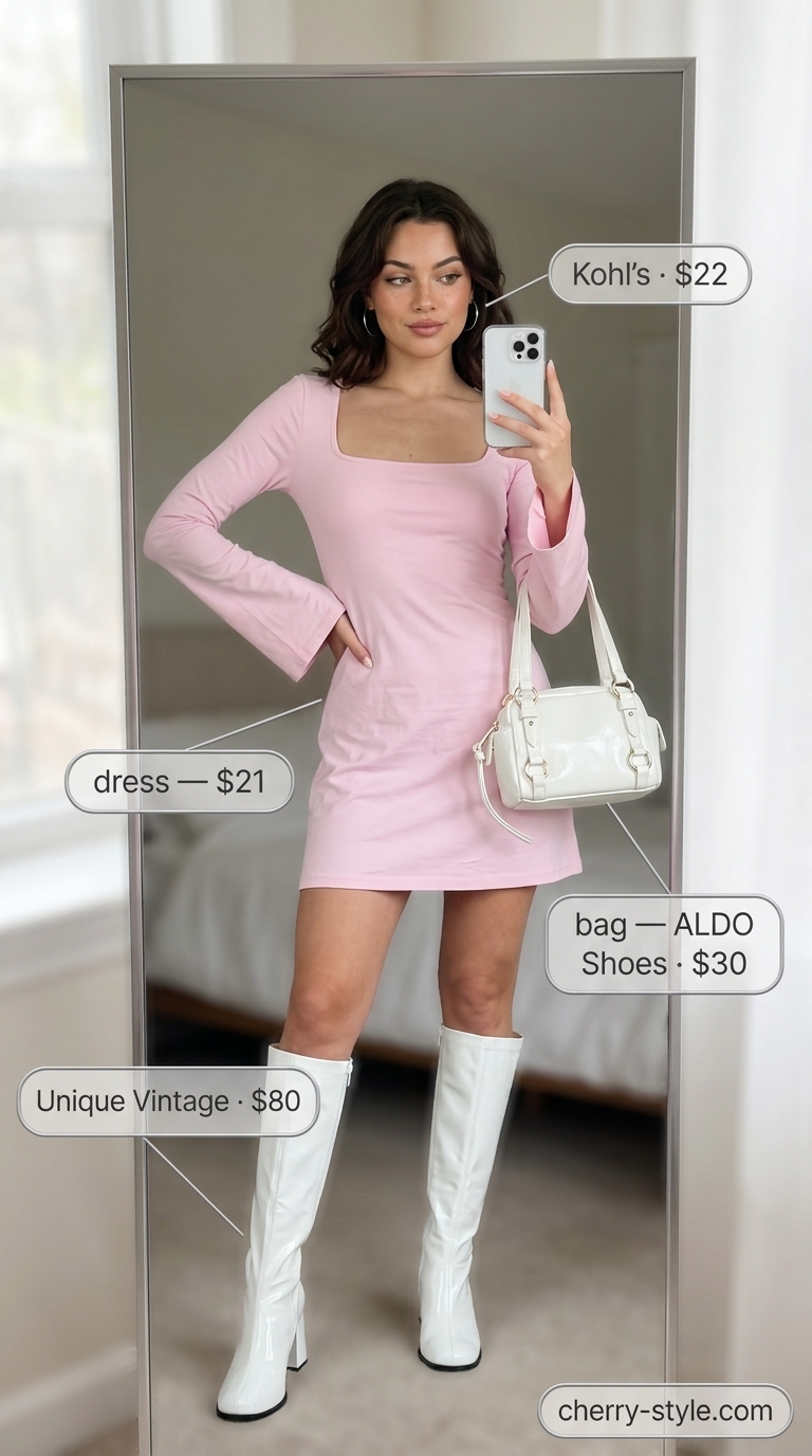 Pastel pink square neck mini dress with white ankle boots for retro summer Square Neck outfits for women 2026.